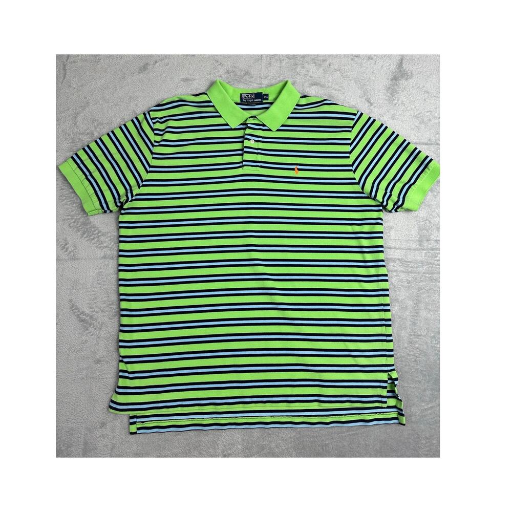VTG 90s Polo Ralph Lauren Neon Green Striped Polo Short Sleeves Orange Pony XXL